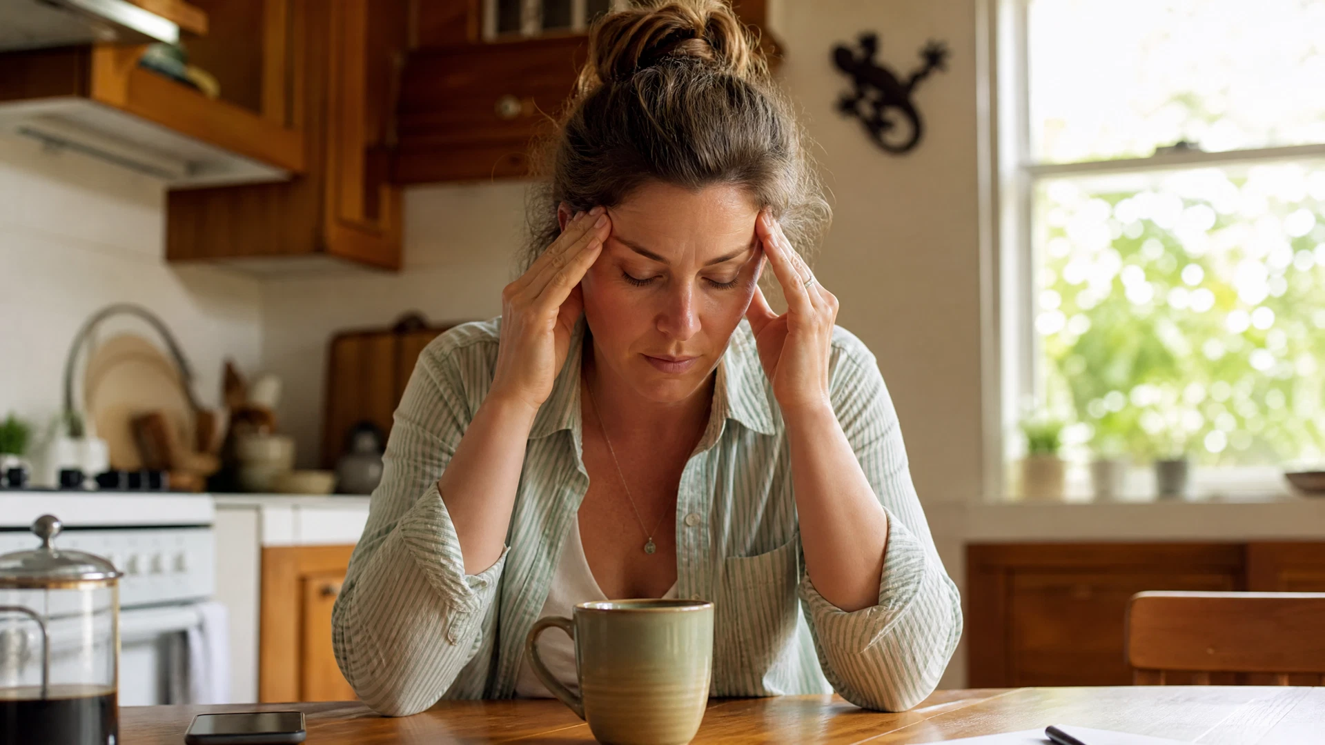 Woman at kitchen table pressing fingers to temples with a tired expression, warm Queensland morning light
