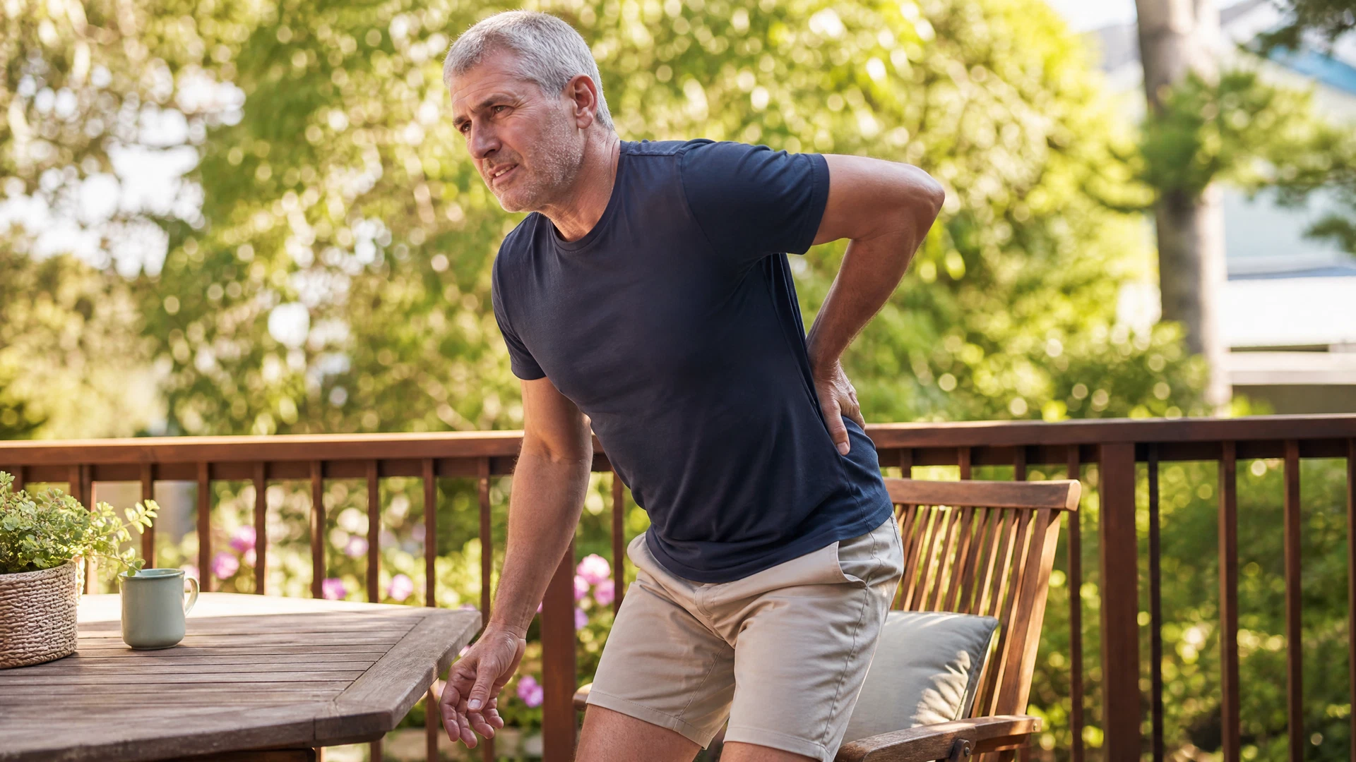 Man standing up from a garden chair with hand on lower back, Queensland backyard setting