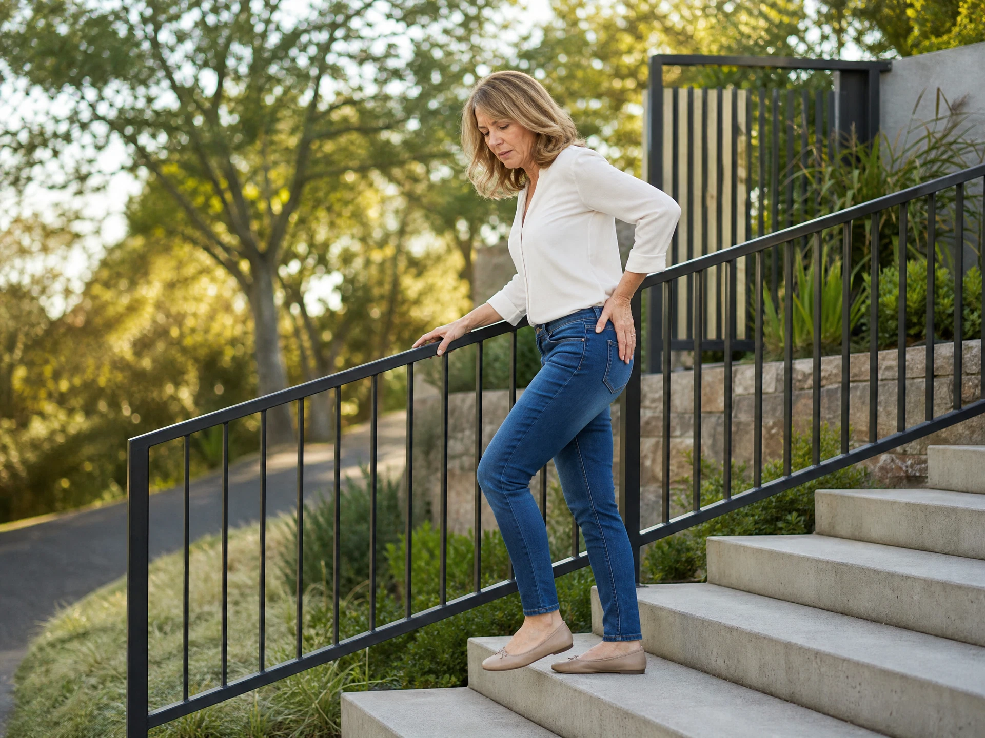 Middle-aged woman holding a handrail and pausing with hip discomfort on stairs