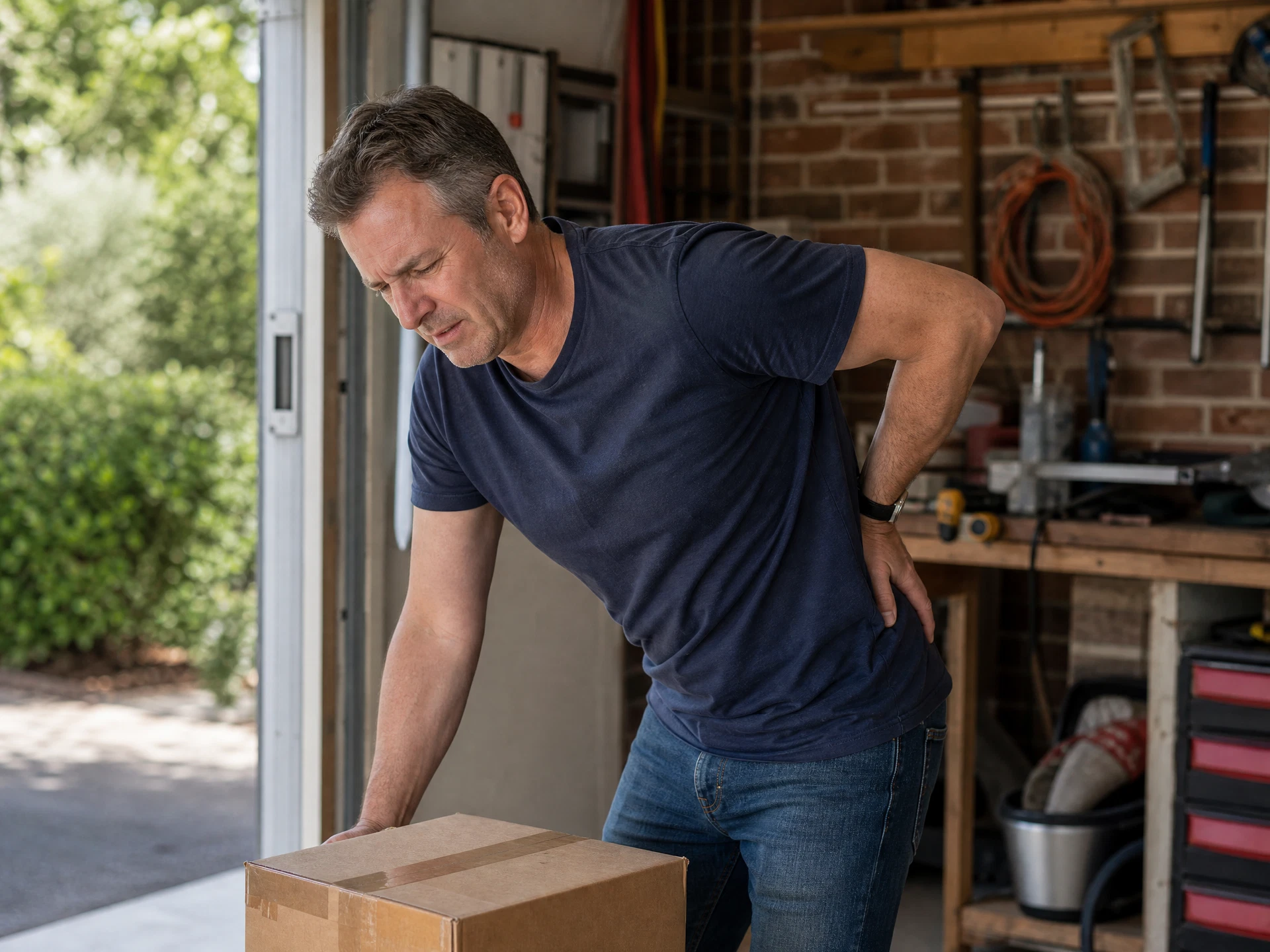 Middle-aged man pausing while lifting a box and holding his lower back