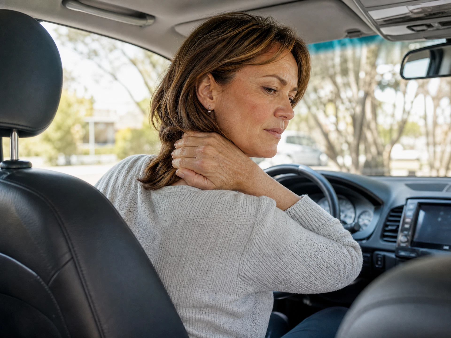 Woman carefully turning to look over her shoulder in a parked car while supporting her neck