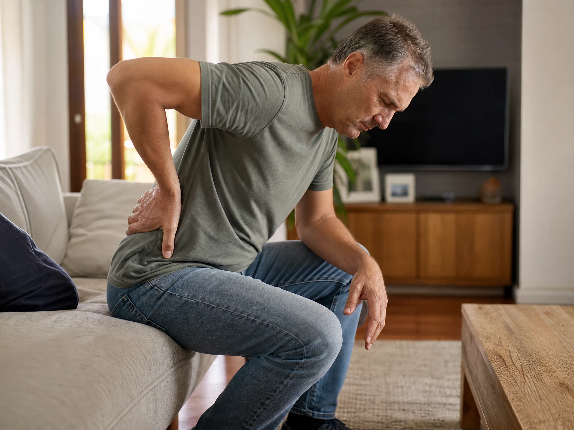 Middle-aged man rising carefully from a sofa with lower-back and leg discomfort