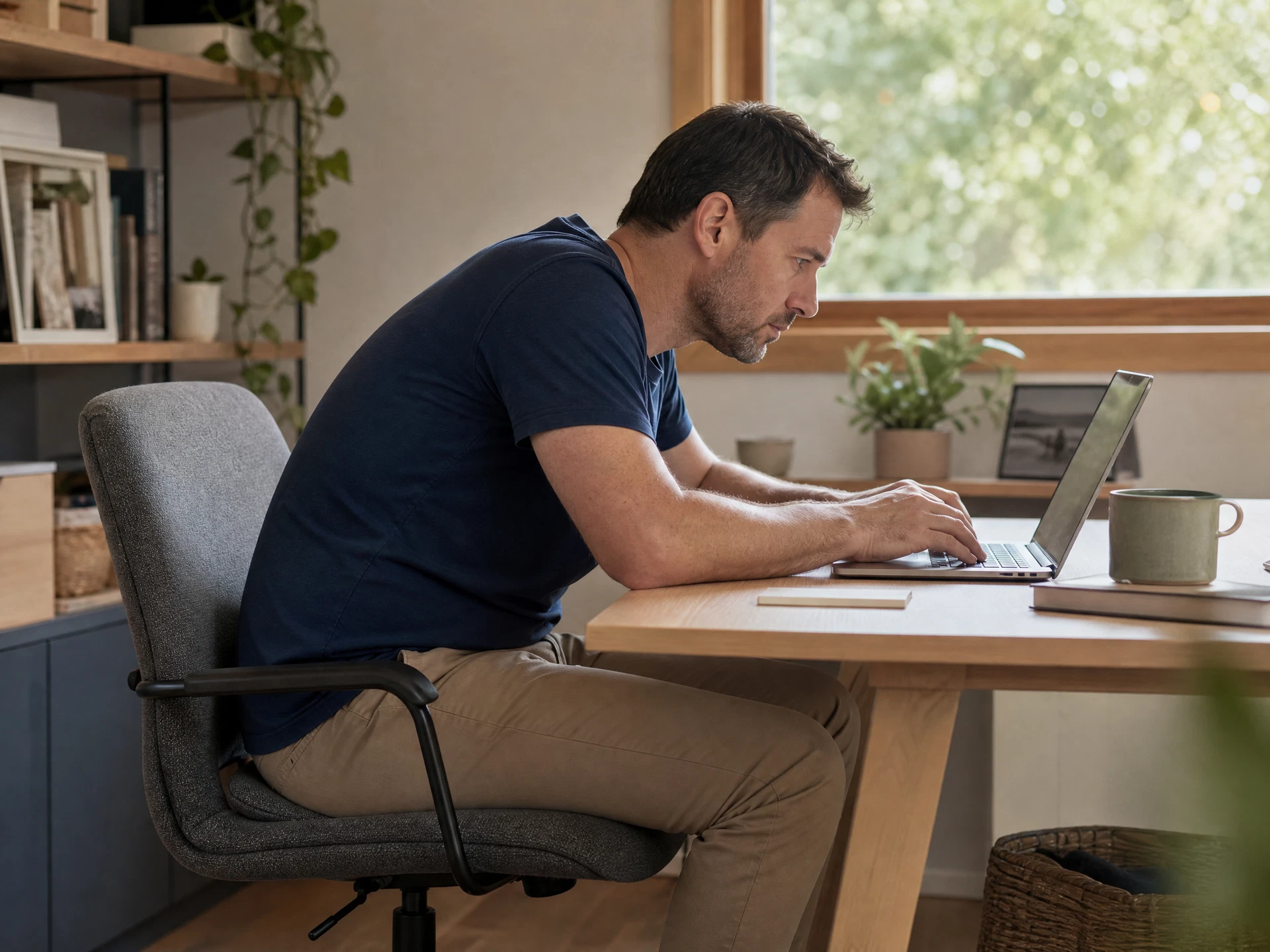 Man sitting slouched with rounded shoulders while working at a desk