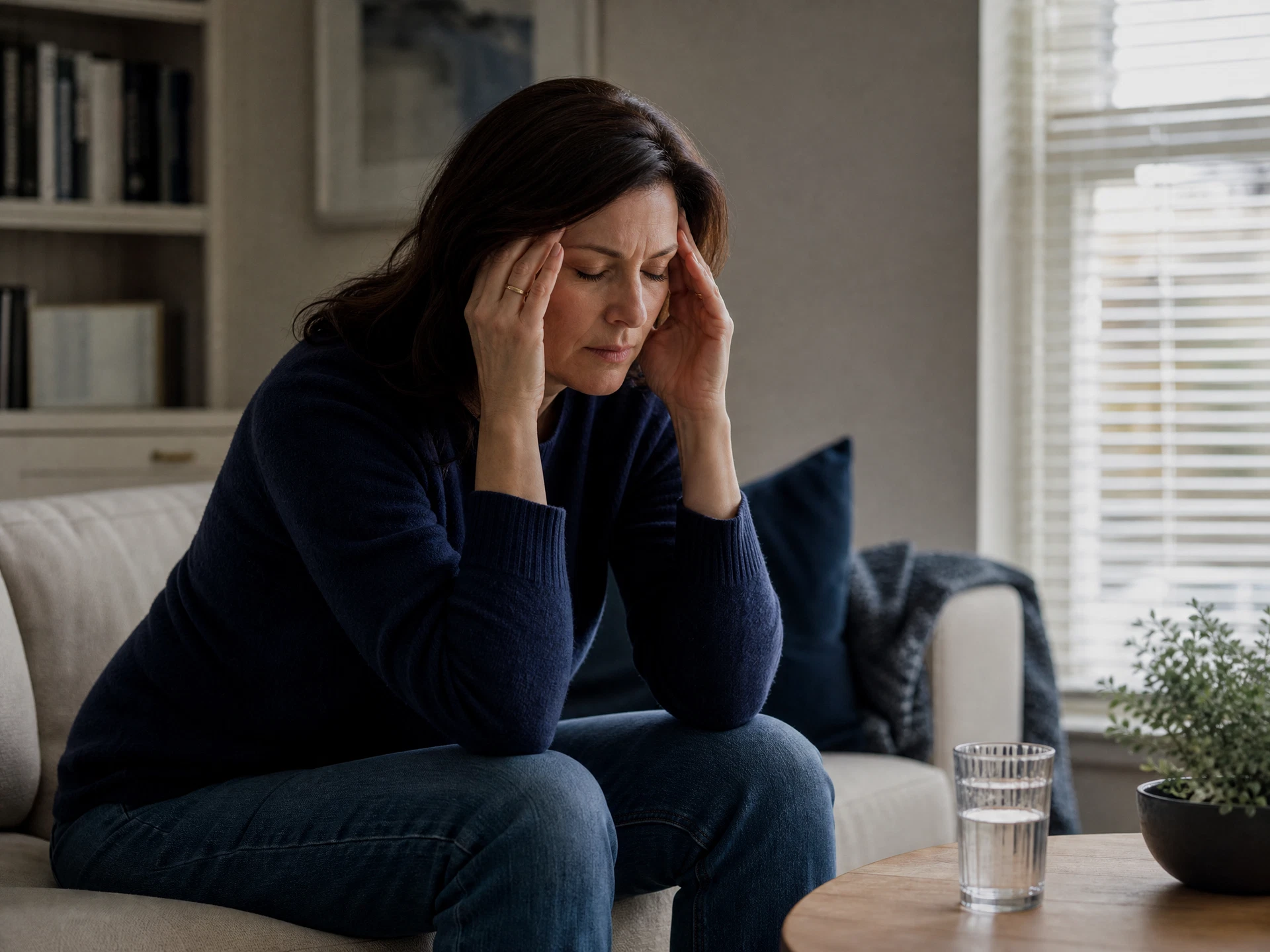 Woman taking a quiet moment in a softly dimmed room during a migraine