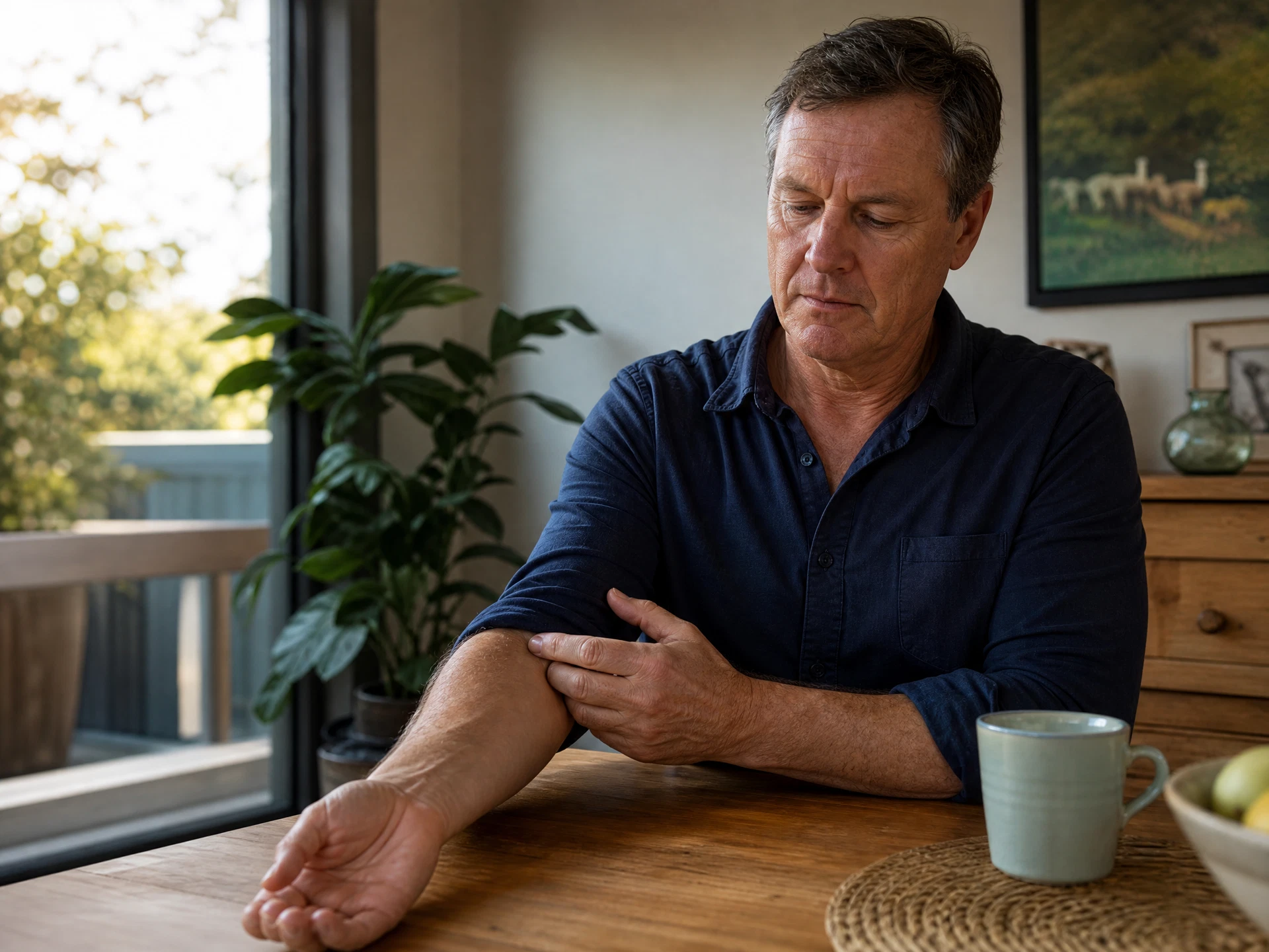 Man gently rubbing his forearm and hand while seated at a dining table