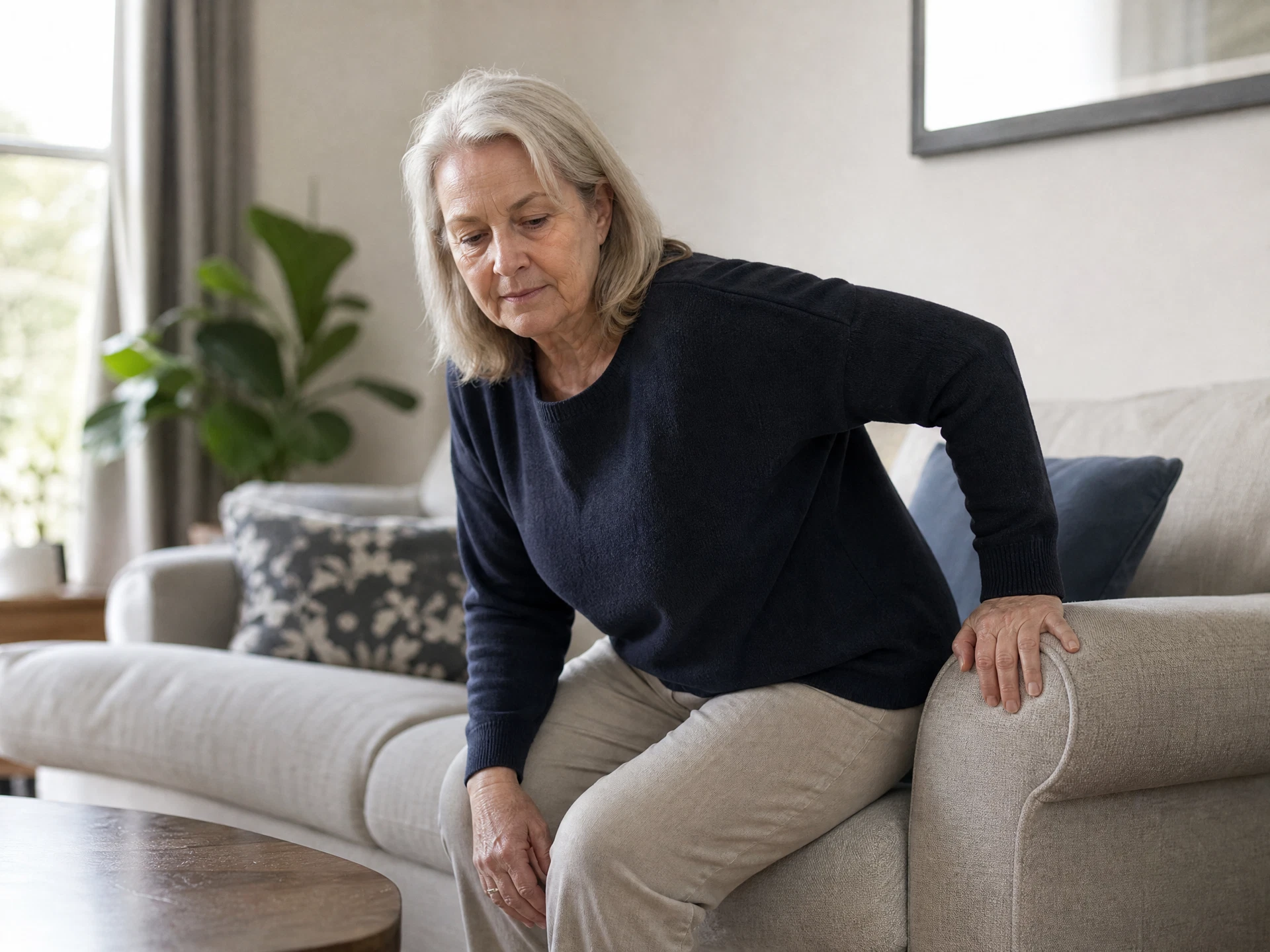 Woman using the arm of a sofa for light support as she rises